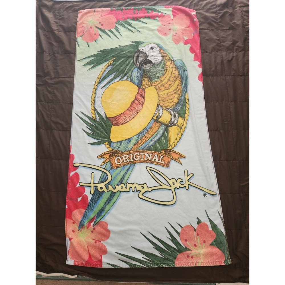 Vintage Panama Jack beach towel featuring a parrot and a straw hat 60 x 31